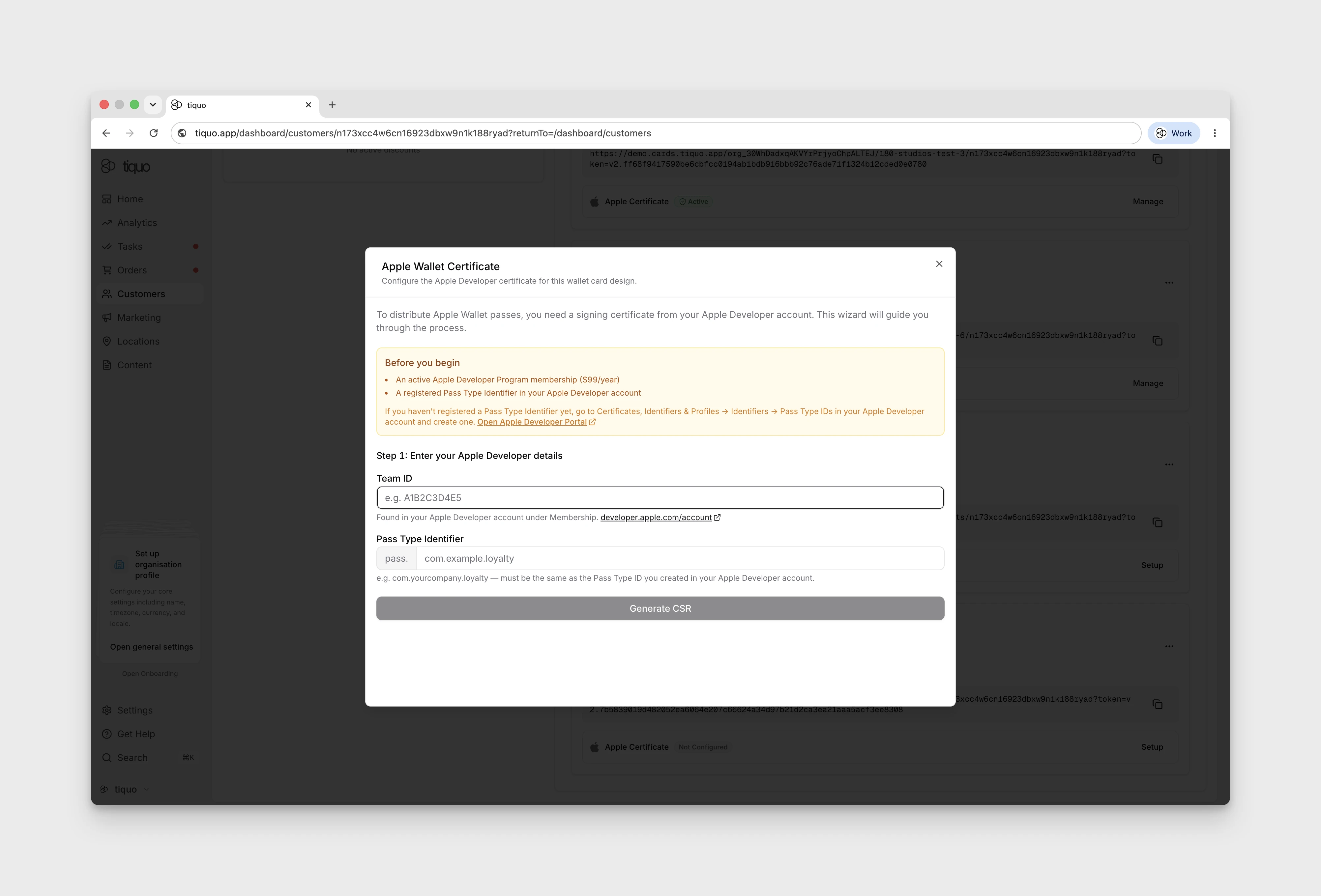Apple Wallet Certificate wizard, Step 1: Team ID and Pass Type Identifier