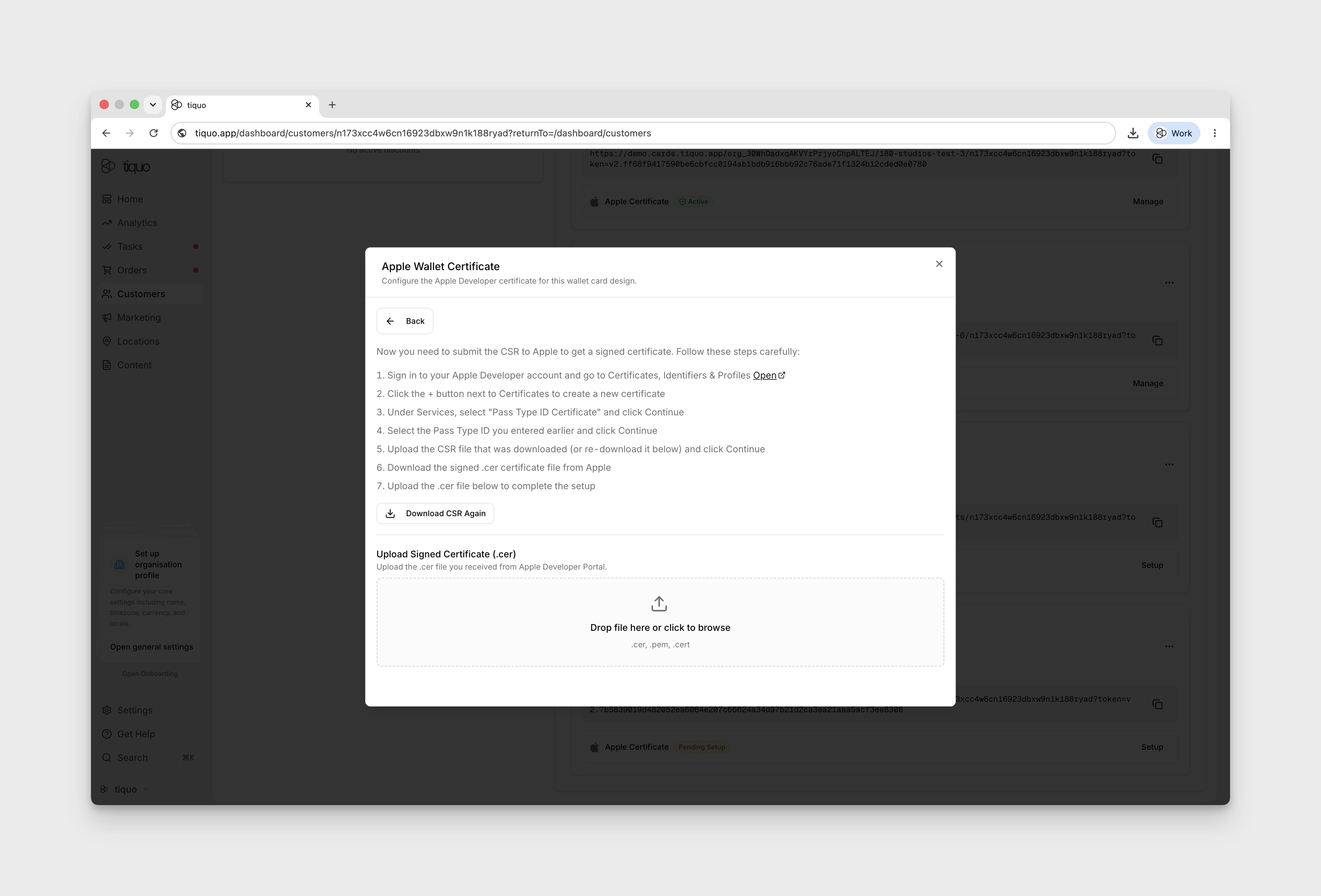 Apple Wallet Certificate wizard, Step 2: submission instructions and upload zone