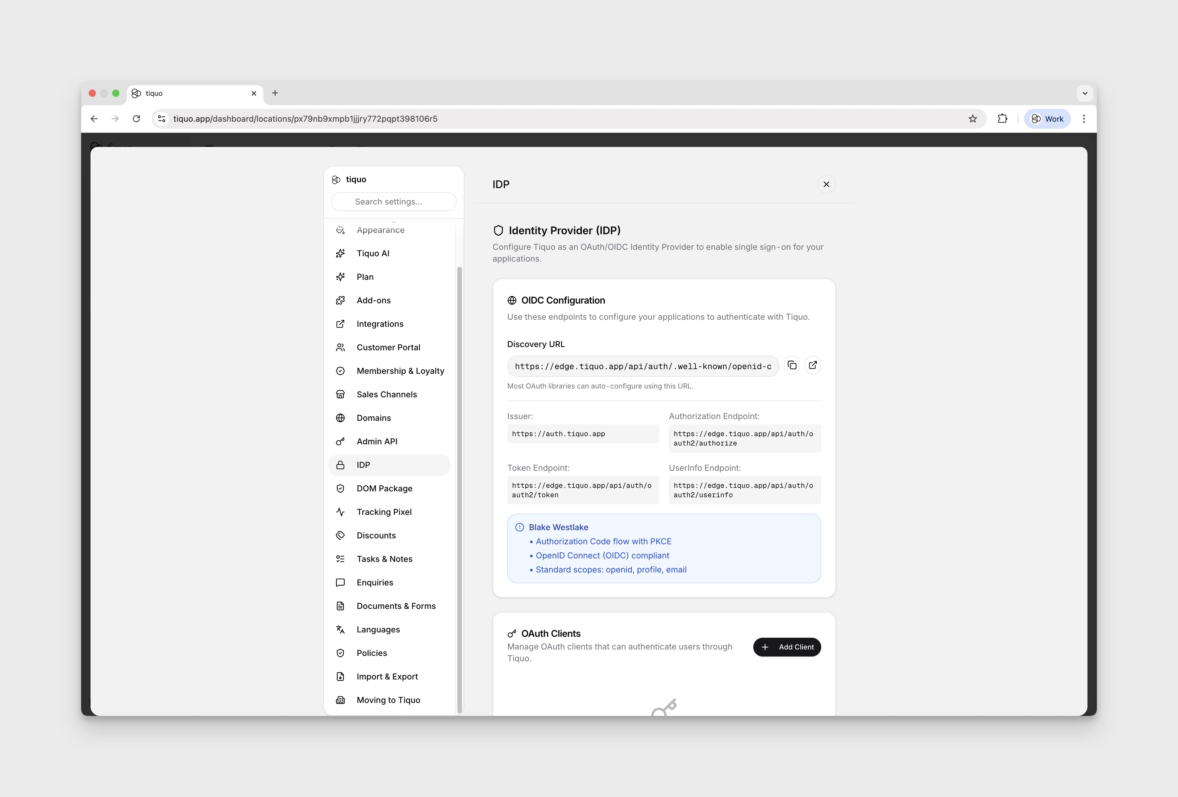 Identity Provider settings page
