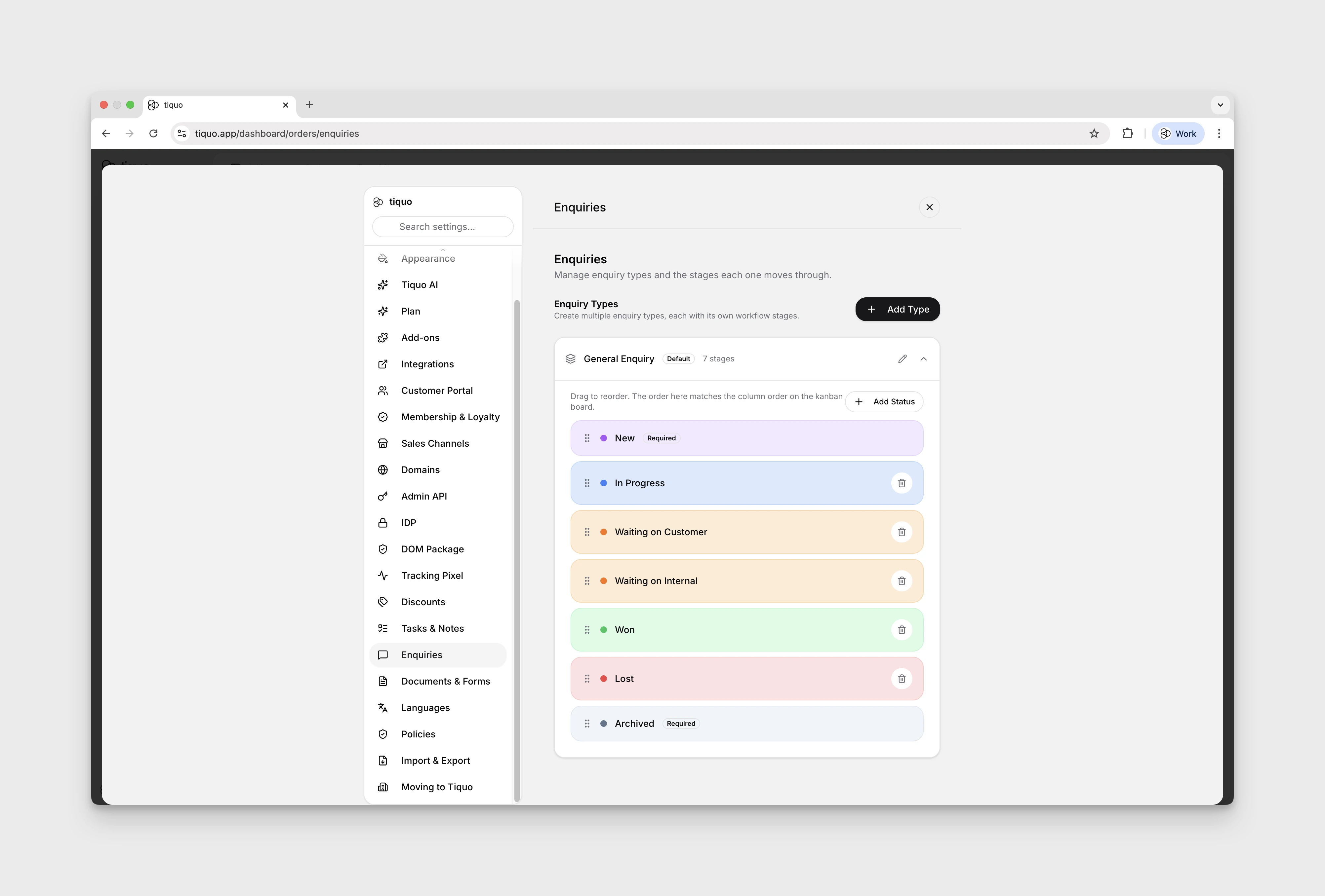 Enquiry types and stages configuration