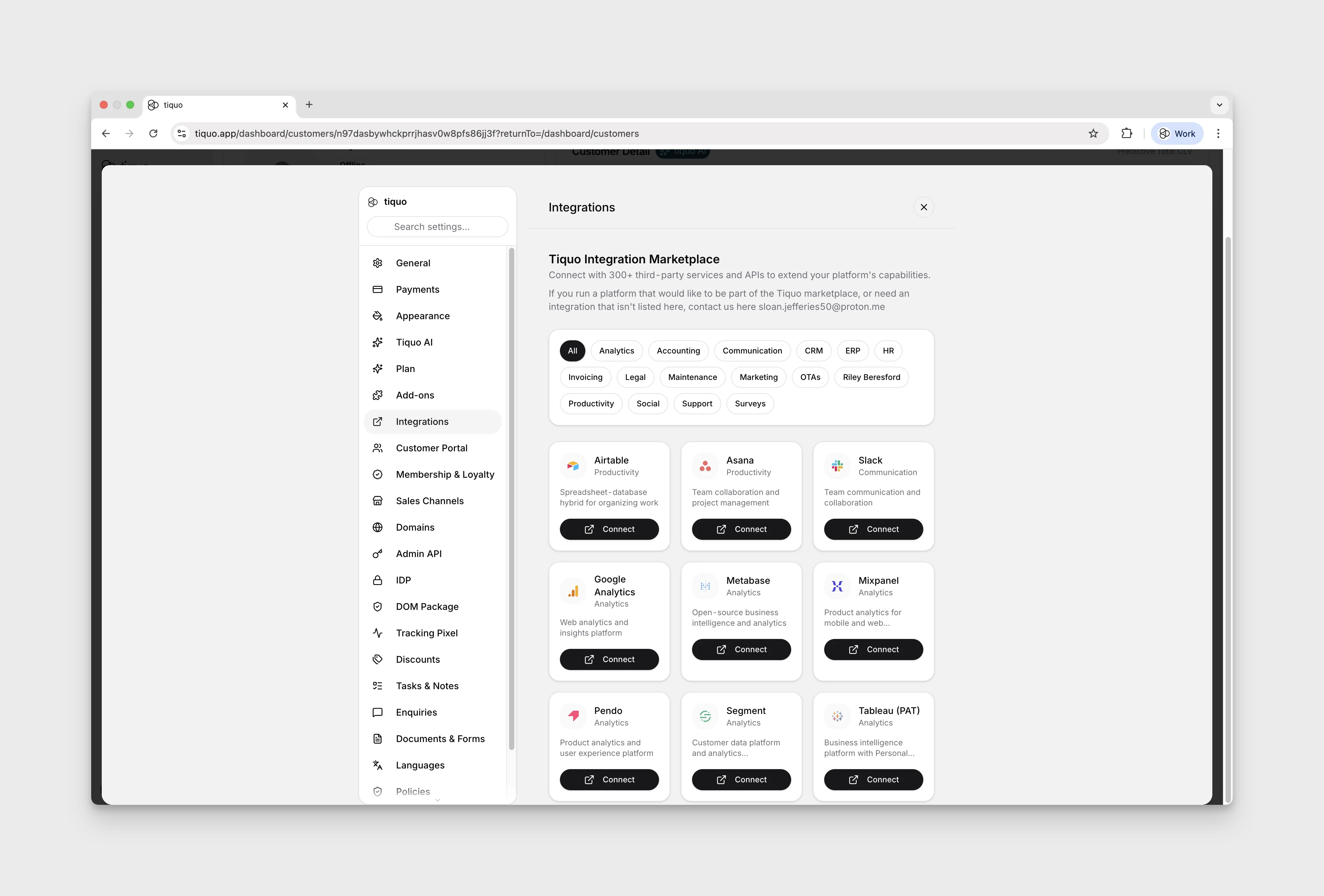 Integrations settings