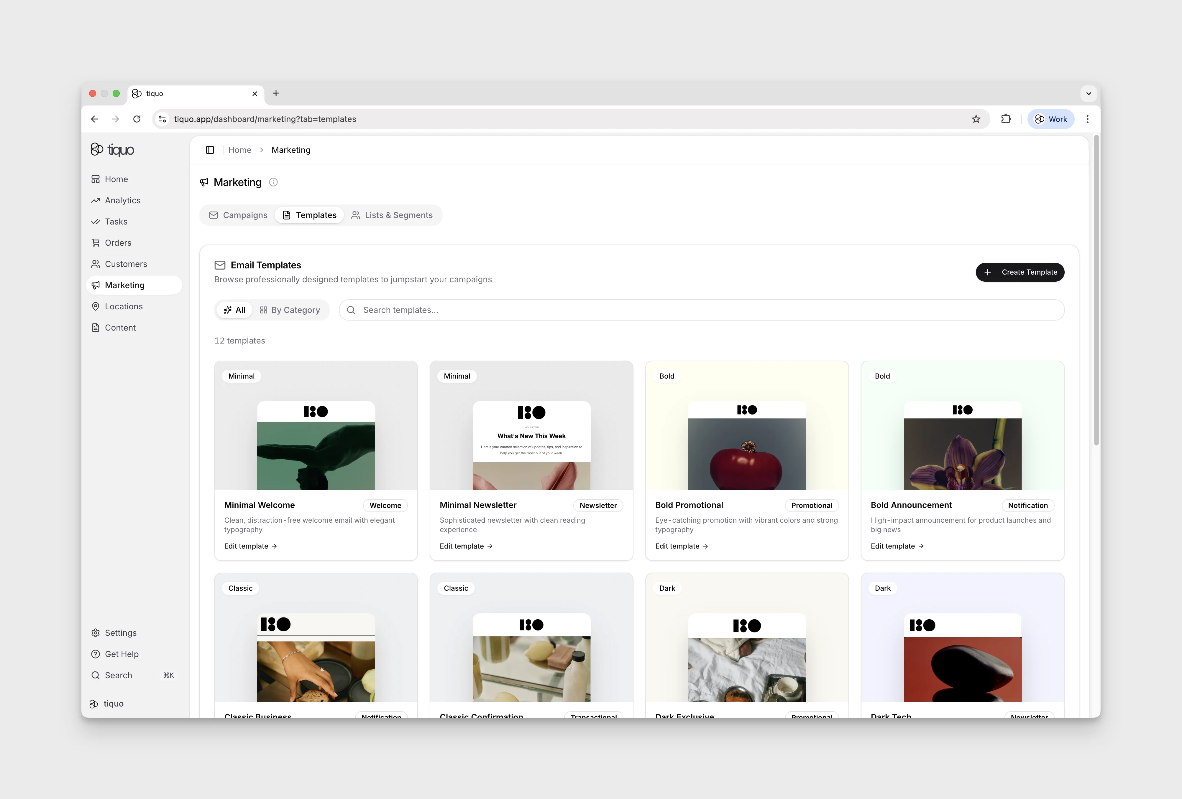 Templates tab in Marketing