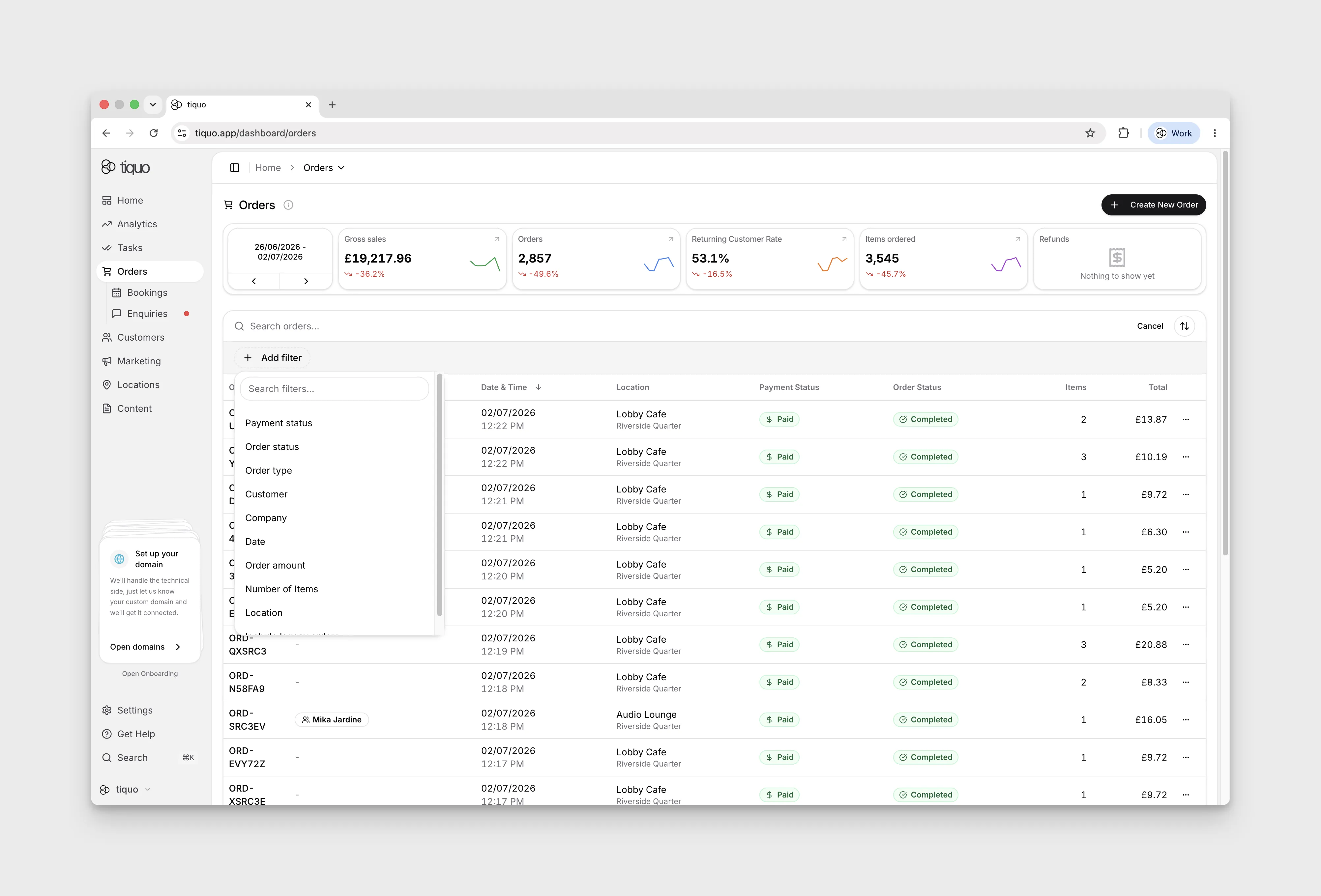 Filtering orders, including by order type